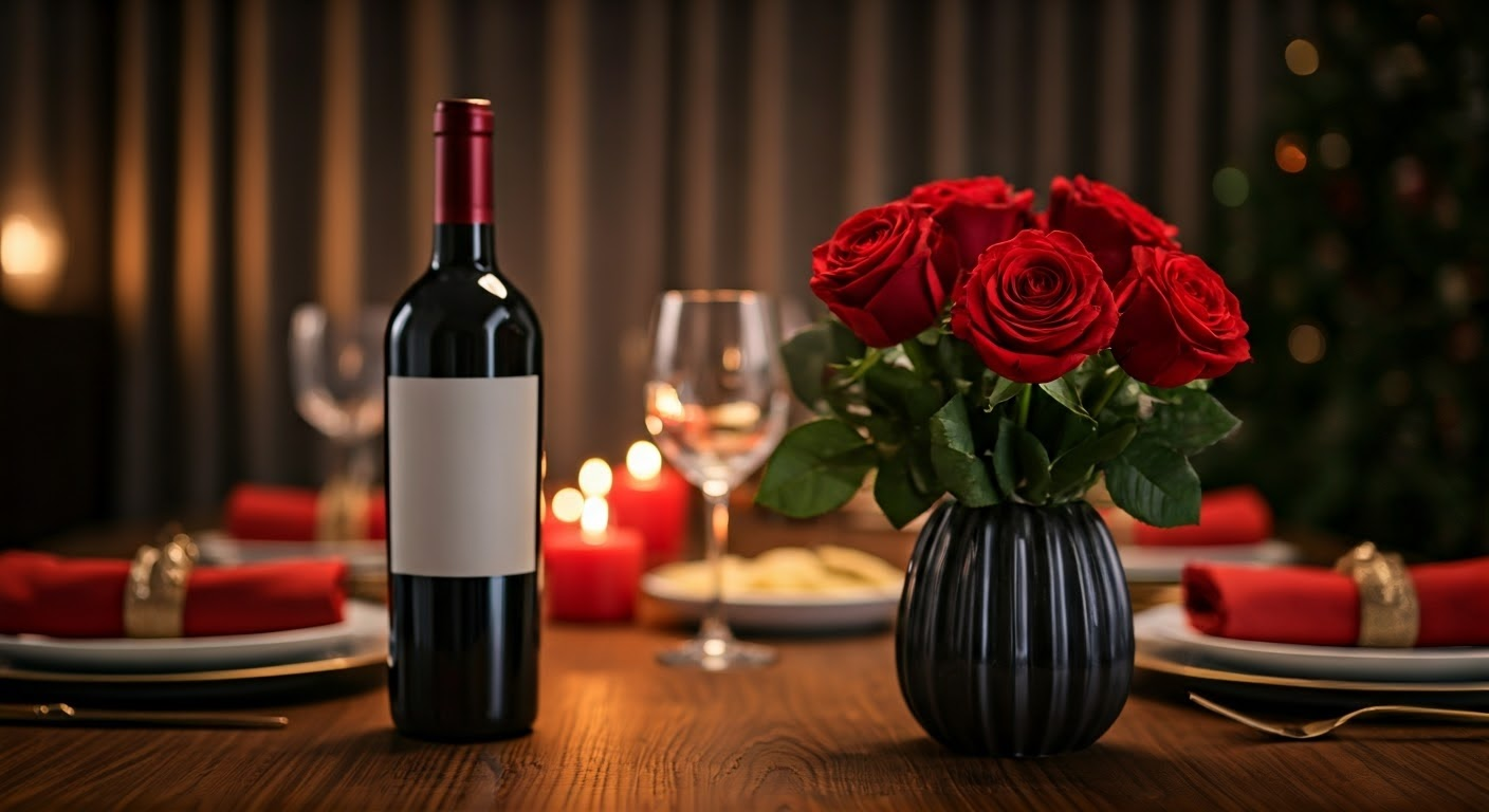 Red wine with deep red roses