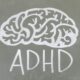 An illustration of a brain with the word ADHD written underneath, representing the topic of ADHD in adults.